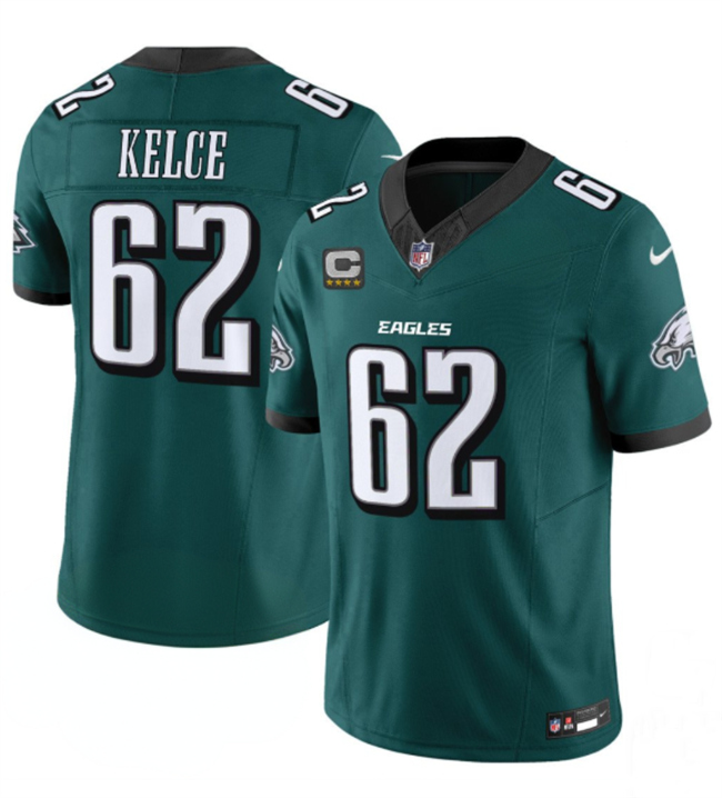Men's Green Philadelphia Eagles #62 Jason Kelce 2024 New With 4-Star C Patch F.U.S.E. Vapor Untouchable Limited Stitched Football Jersey